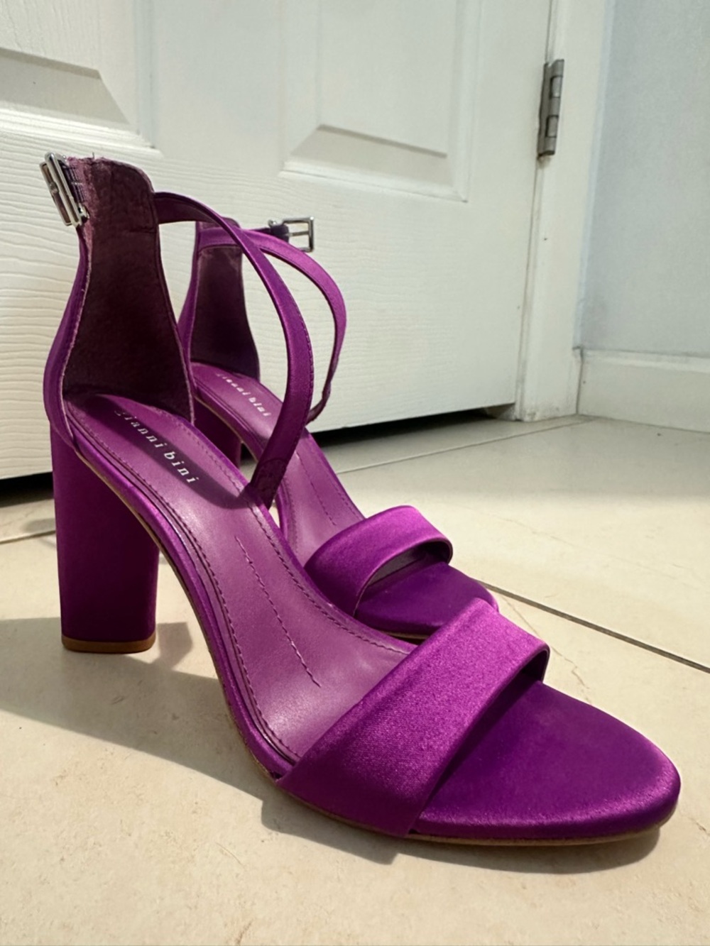 Satin Purple Block Heel Sandals with Ankle Strap